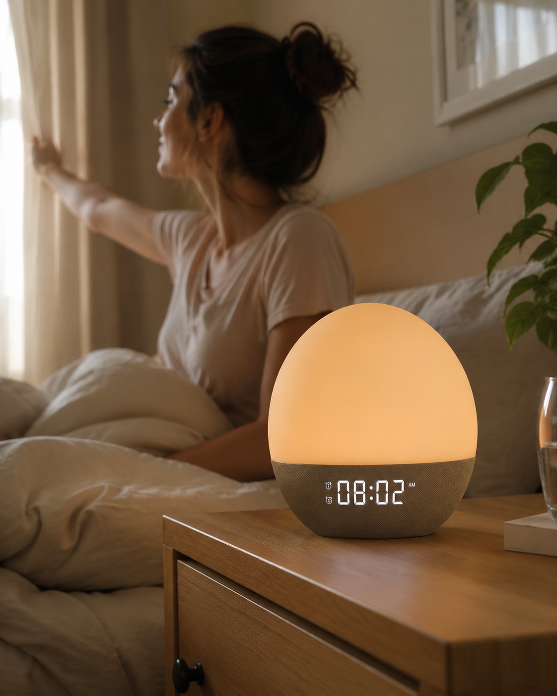 AuroraRise gradual sunrise alarm in a calm morning bedroom