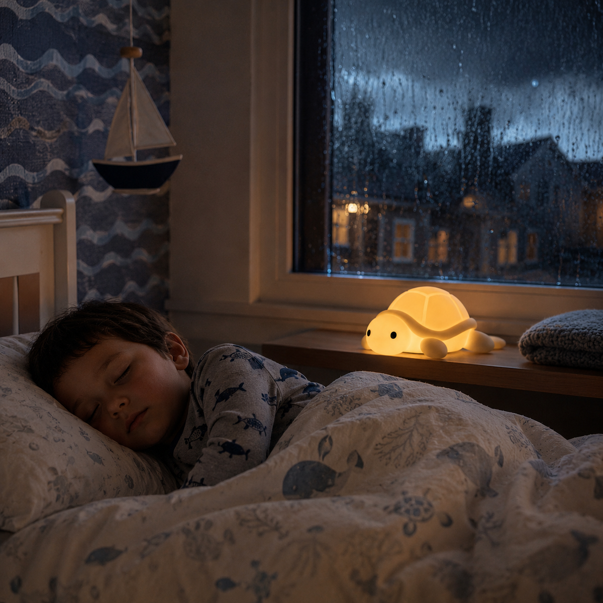 Tidelune night light creating a calm bedroom during rain