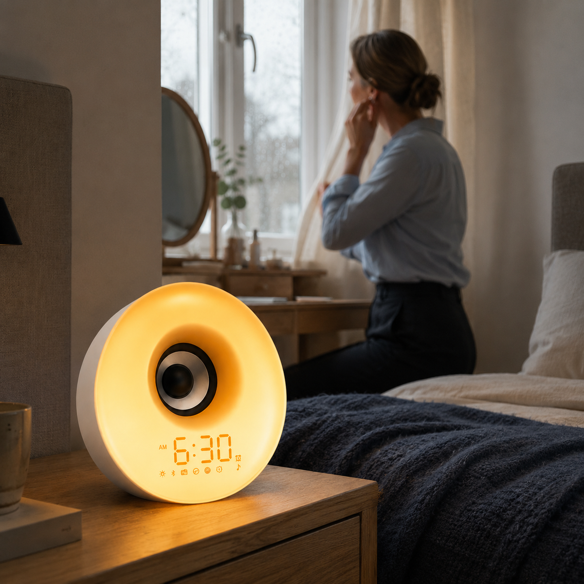 ToneLume bedside clock playing morning radio in a UK bedroom