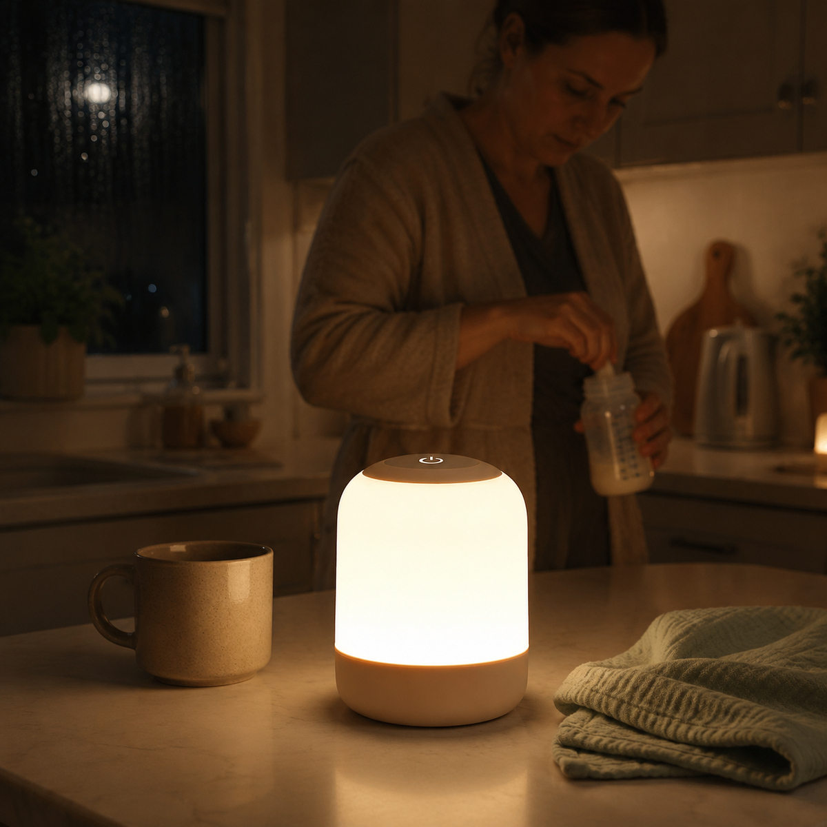 GlowRoam portable night light beside a late-night kitchen routine