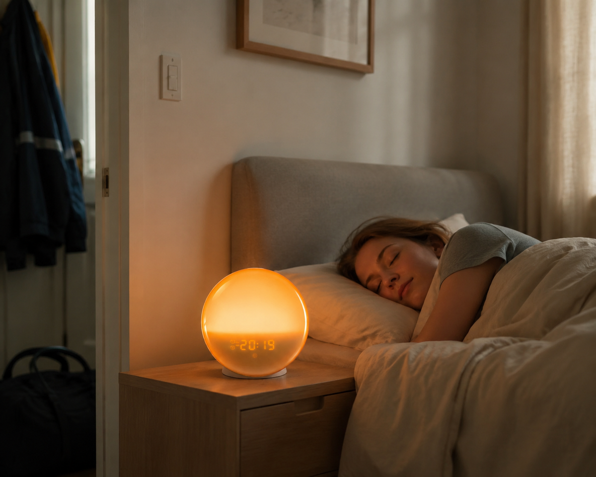 DawnRise sunset mode glowing on a bedside table during an evening wind-down