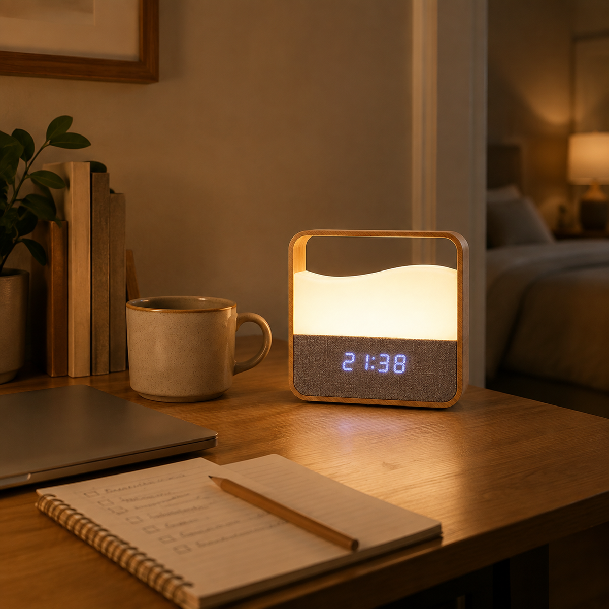 WoodLume supporting a calm evening desk routine