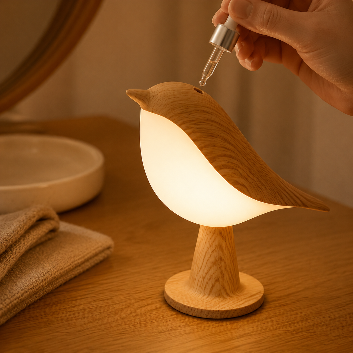 CalmBird bird night light aroma opening with a dropper