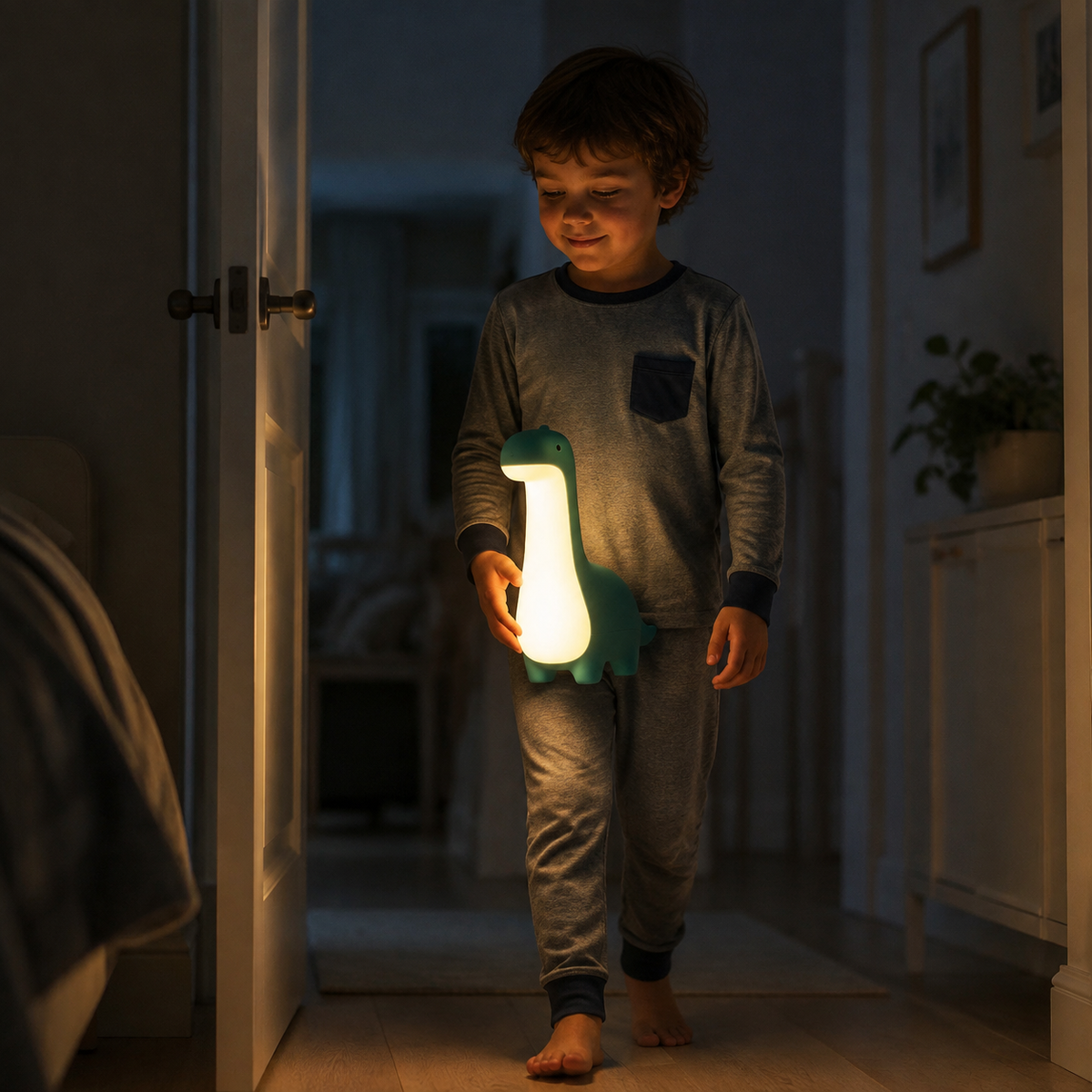 Child carrying DinoDream through a dark hallway at night