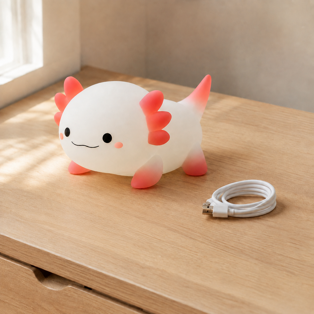LumaAxo axolotl lamp with its USB charging cable