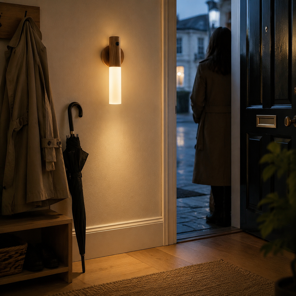 StepLume illuminating a rainy home entrance