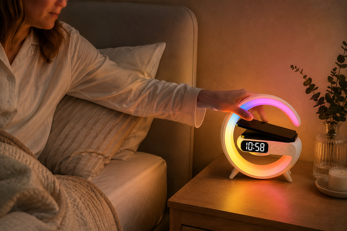 WarmRise bedside lamp charging a phone during a calm evening
