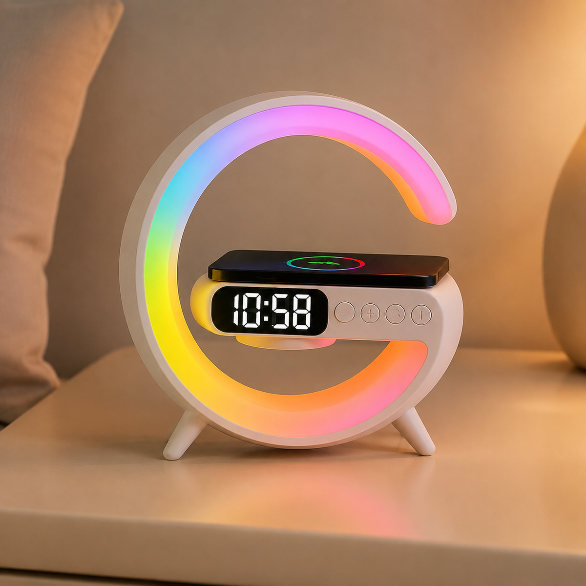 WarmRise smart bedside lamp with soft multicolour ring light