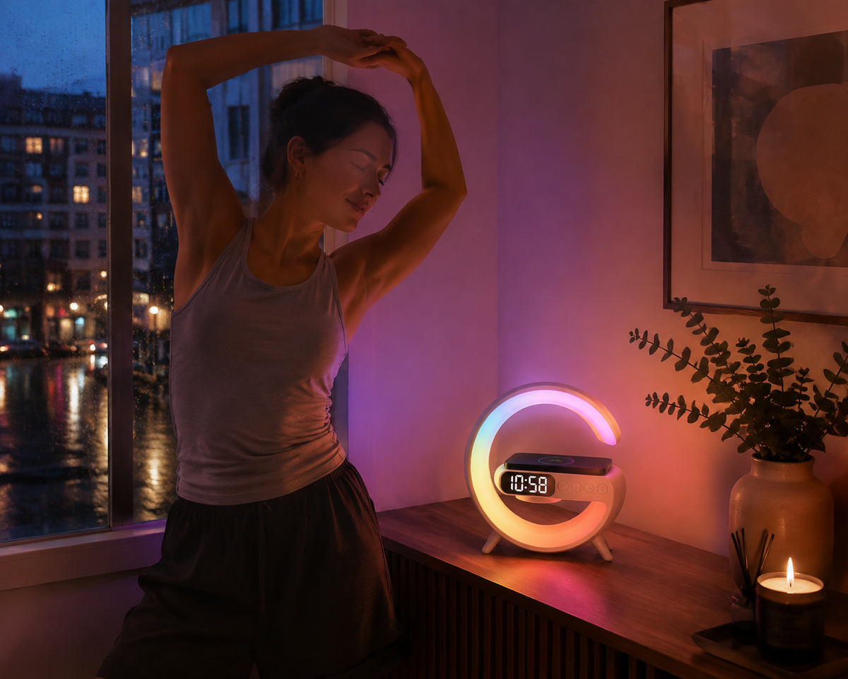 WarmRise ambient light in a rainy evening home routine
