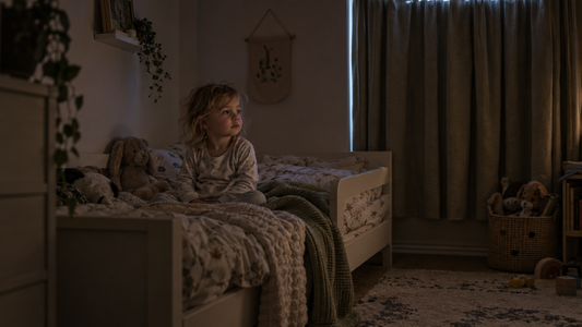 A toddler awake in a dim bedroom just before dawn