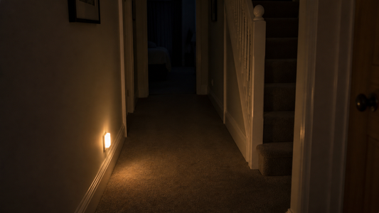 A dim UK hallway at night, lit only by a small warm night light near the floor.