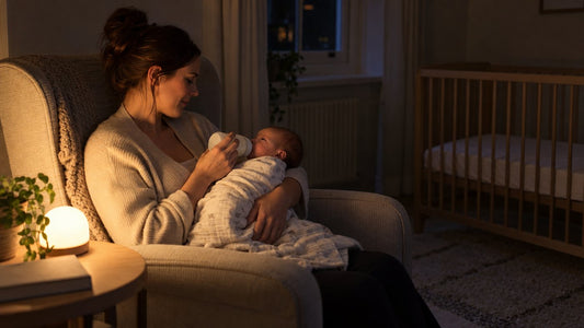 A parent feeding a baby in an armchair by the low glow of a small night light, with a clear cot behind