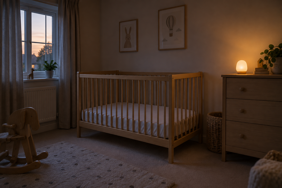 A dimly lit child's bedroom at dusk with a small plain night light glowing on a chest of drawers and an empty cot with a plain fitted sheet across the room.