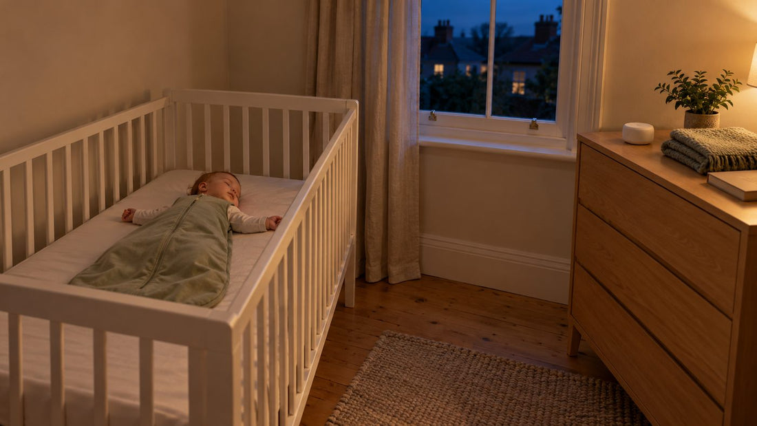 A baby asleep on their back in a sleeping bag in a clear cot at dusk, with a small white noise machine on the chest of drawers across the room