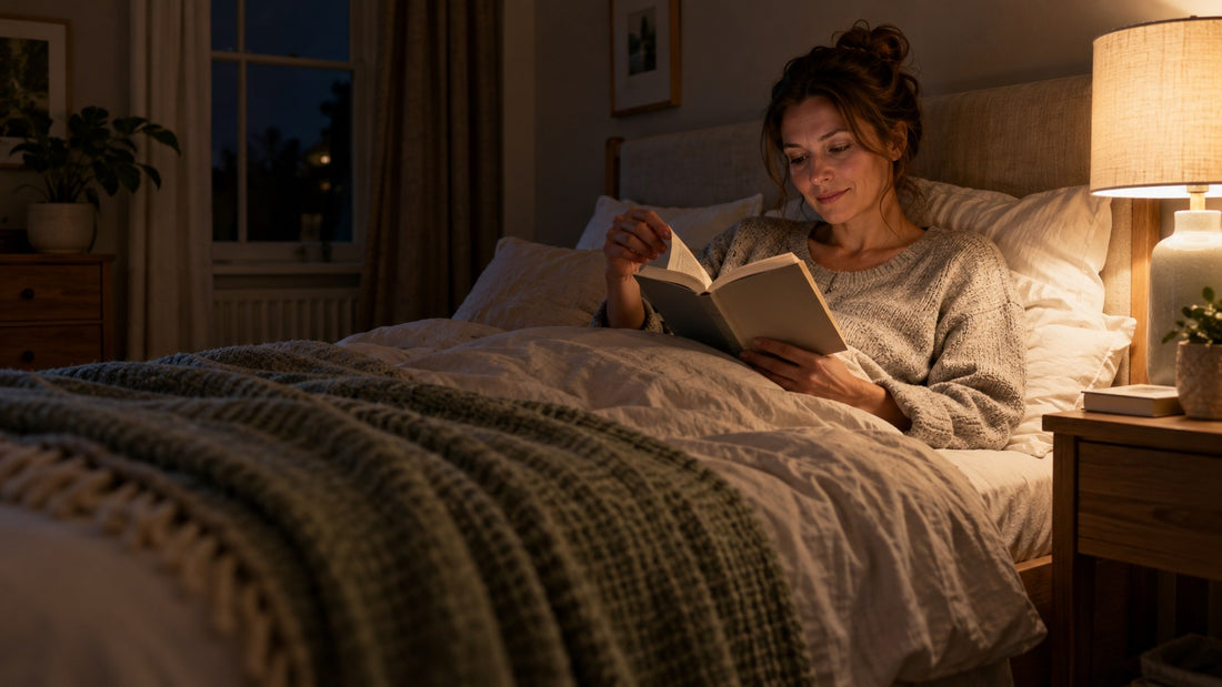 Woman reading a paperback in bed at night, the bulb fully hidden inside an opaque bedside lamp shade beside her