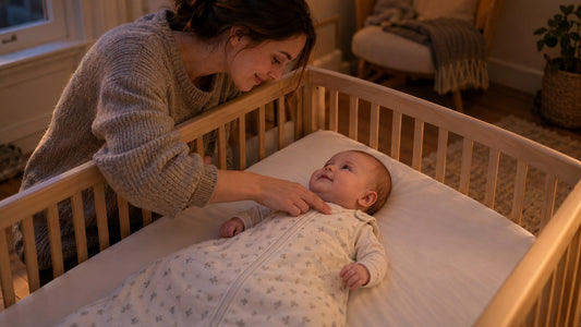 A caregiver checking a baby's chest over a cotton sleepsuit and fitted sleeping bag
