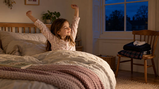 A smiling child stretches in bed on a dark autumn school morning, school uniform folded on a chair