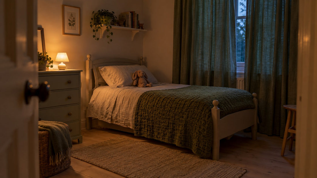 A child's bedroom at dusk seen from the doorway: a small lamp glowing on a chest of drawers, a made single bed with a green knitted blanket and green curtains drawn
