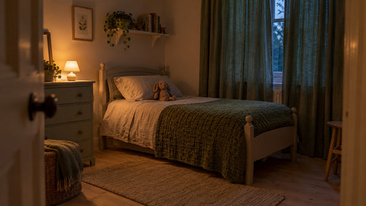 A child's bedroom at dusk seen from the doorway: a small lamp glowing on a chest of drawers, a made single bed with a green knitted blanket and green curtains drawn