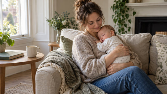 A caregiver, clearly awake, holding a sleeping baby upright against their chest