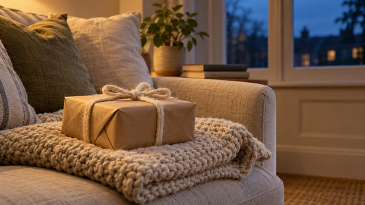 A present wrapped in brown paper and wool ribbon resting on a folded knit throw on a linen sofa at dusk