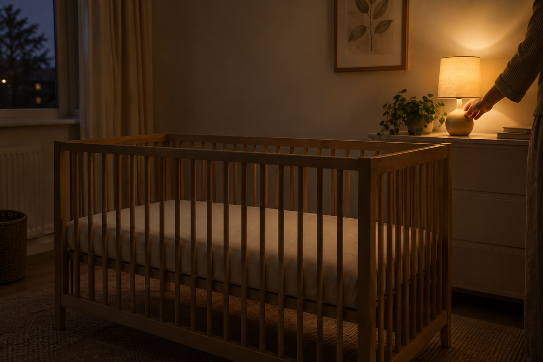 A caregiver turns down a warm bedside lamp beside a clear cot in a quiet nursery