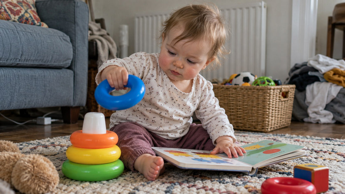 A one-year-old sits on a living-room rug playing with a board book and simple stacking rings.