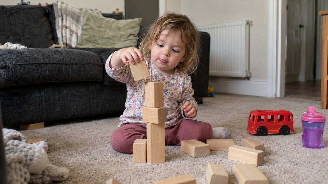 A two-year-old stacking large wooden blocks on a living room carpet, tongue out in concentration