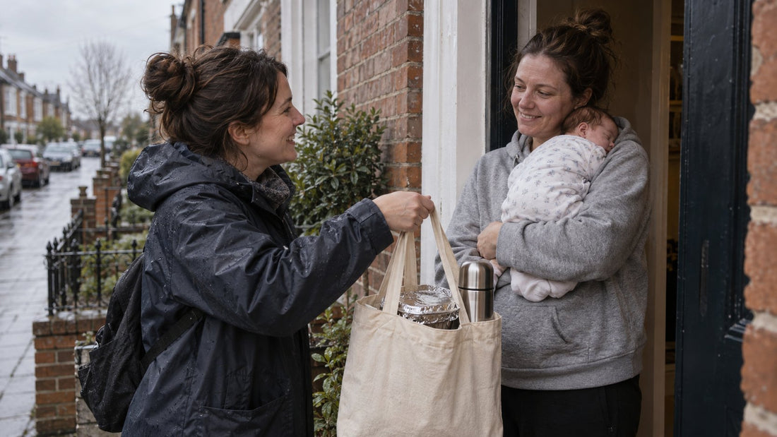 A friend at a front door handing a covered dish and a flask to a tired parent holding a newborn