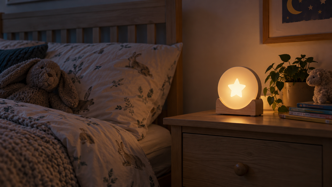 A softly glowing bedside sleep-trainer clock on a child's nightstand in a dim bedroom at night.