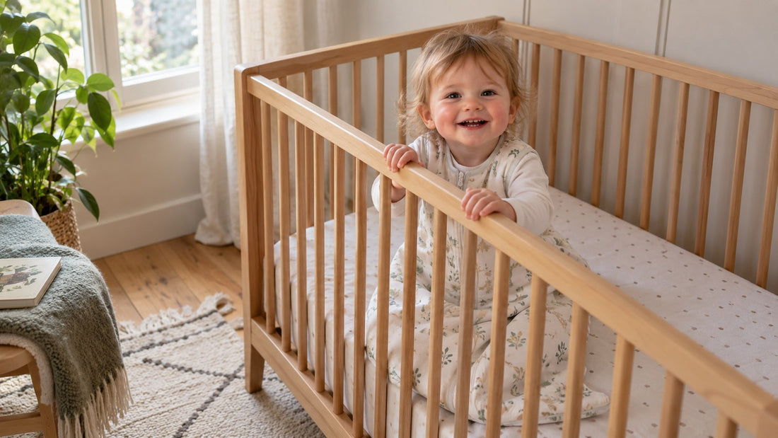 A cheerful toddler standing awake in a cot in daylight instead of settling for a midday nap