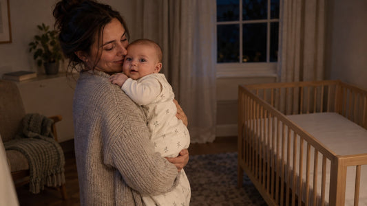 A caregiver gently holding an awake four-month-old in a dim nursery while a clear cot sits in the background
