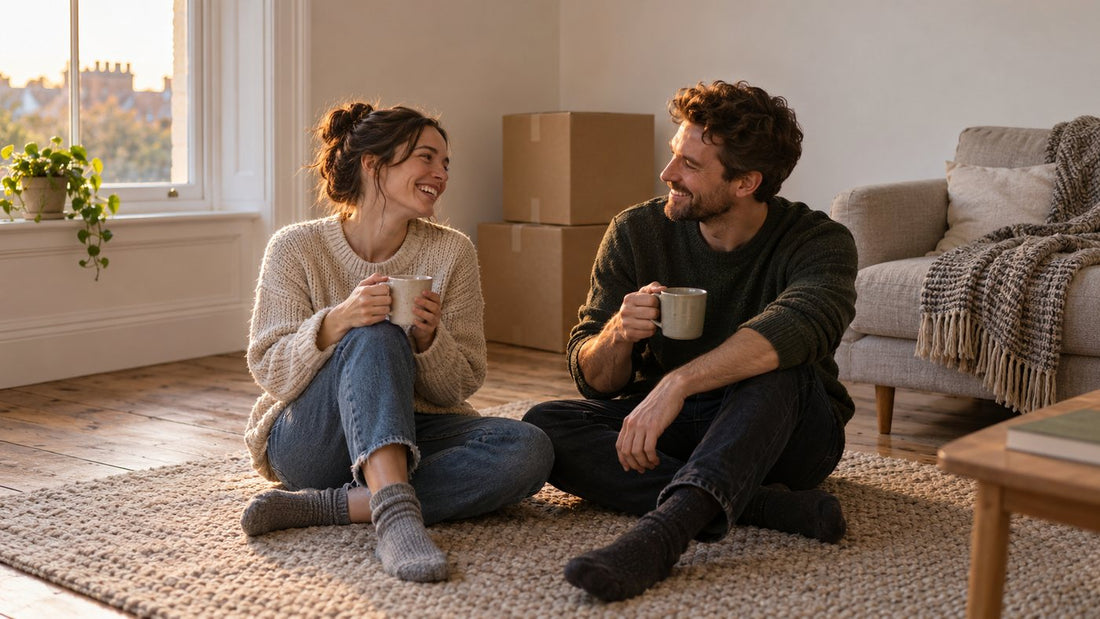 A couple laughing over mugs of tea on a rug in their newly painted living room, with two moving boxes stacked behind