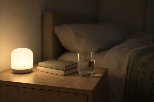 A small warm-lit night light glowing on an oak bedside table beside two books and a glass of water, with an unoccupied bed in the dim background.