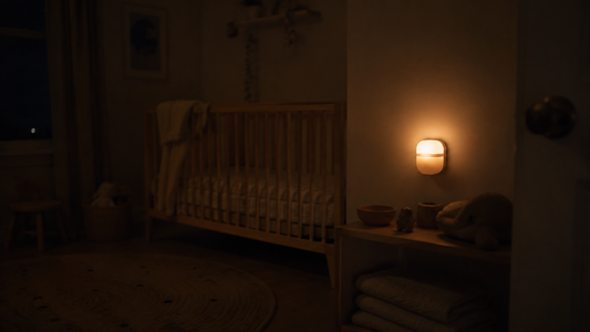 A dim warm night light glowing beside a cot in a dark nursery