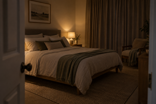A calm adult bedroom at night, seen from the doorway, with a small warm night light glowing steadily on the bedside table beside a made double bed.