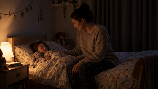 A parent sits calmly beside a child settled back in bed in a dimly lit bedroom, lit only by a small bedside light.