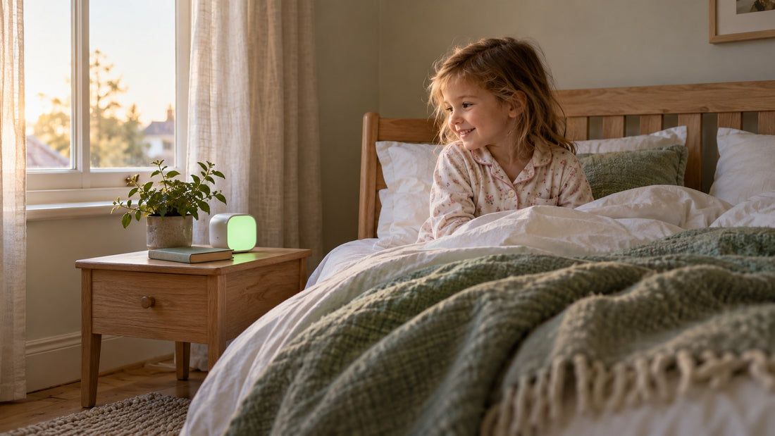 A smiling child sitting up in bed at dawn, looking at a small bedside clock glowing green