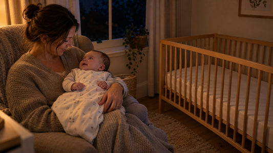 A caregiver holding an awake four-month-old in a nursing chair beside a clear cot in a dim nursery at night