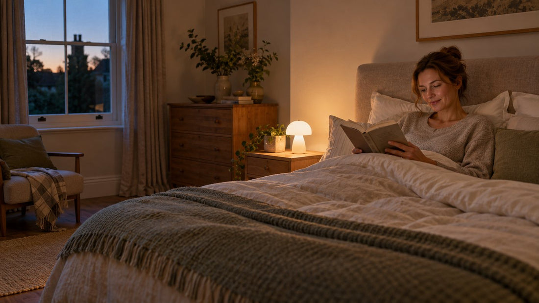 An adult reading in bed by a small cordless lamp on a bedside table with no cable