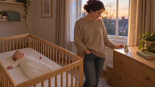 A caregiver checking a plain room thermometer while a baby sleeps safely on their back in a clear cot