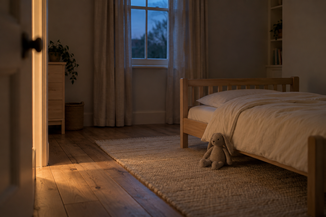 A calm toddler's bedroom at dusk with a made-up low bed, a knitted rabbit on the rug and a warm band of landing light spilling through the open door.