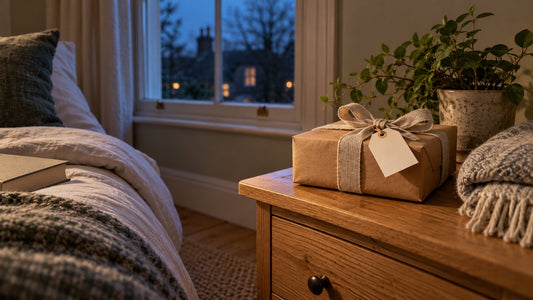 A present wrapped in kraft paper and linen ribbon on an oak bedside table at dusk