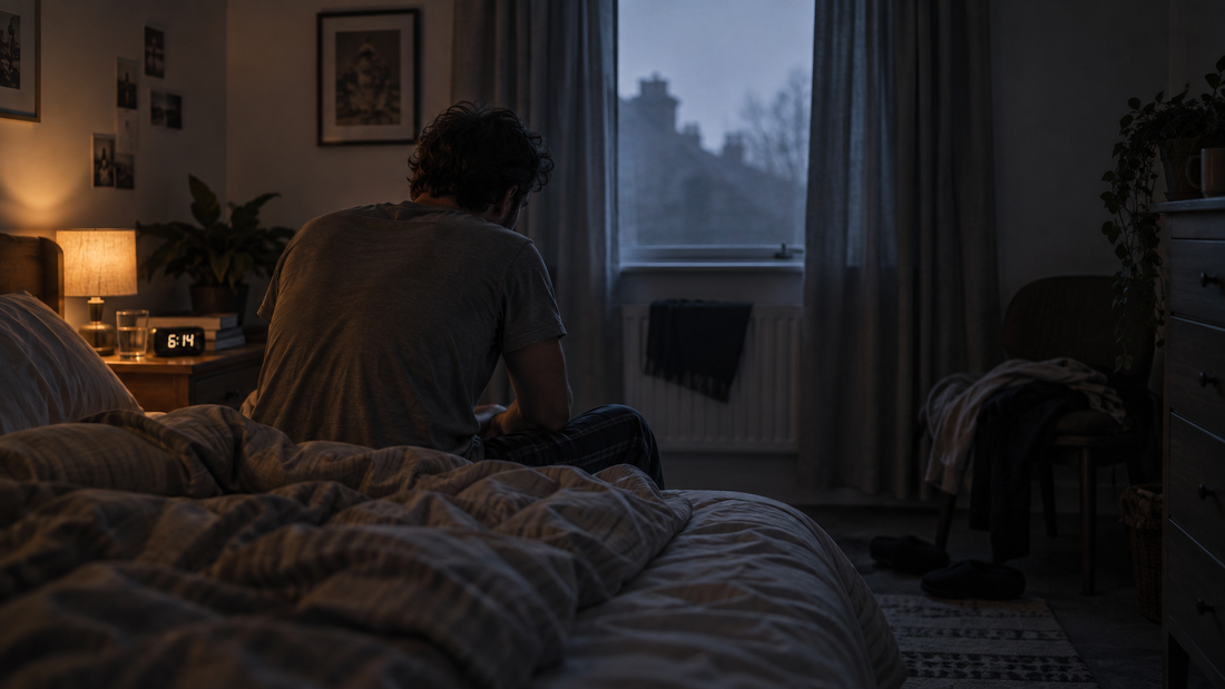 A dim bedroom just after an alarm has gone off, with someone slow to get moving.