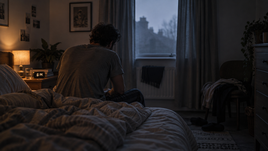 A dim bedroom just after an alarm has gone off, with someone slow to get moving.