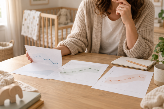 Caregiver comparing three generic sleep-regression age charts at a nursery table