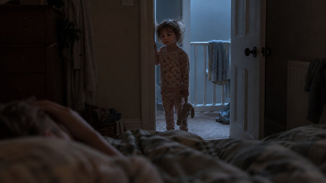 A toddler in pyjamas holding a soft toy stands in a parent's bedroom doorway in grey pre-dawn light