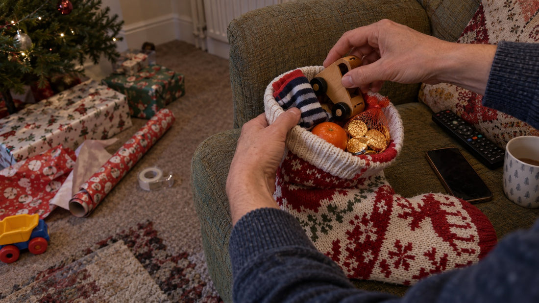 A parent putting a wooden toy car, striped socks, a tangerine and chocolate coins into a knitted Christmas stocking on Christmas Eve