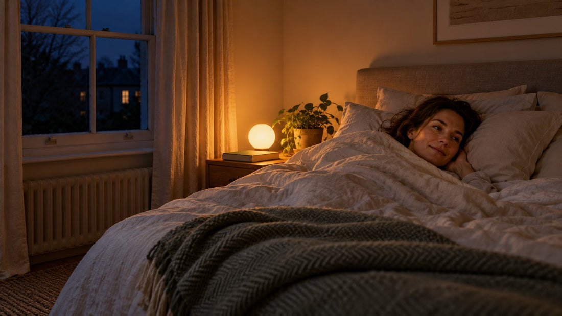 An adult waking in a bedroom lit warm gold by a bedside sunrise light while the window is still dark