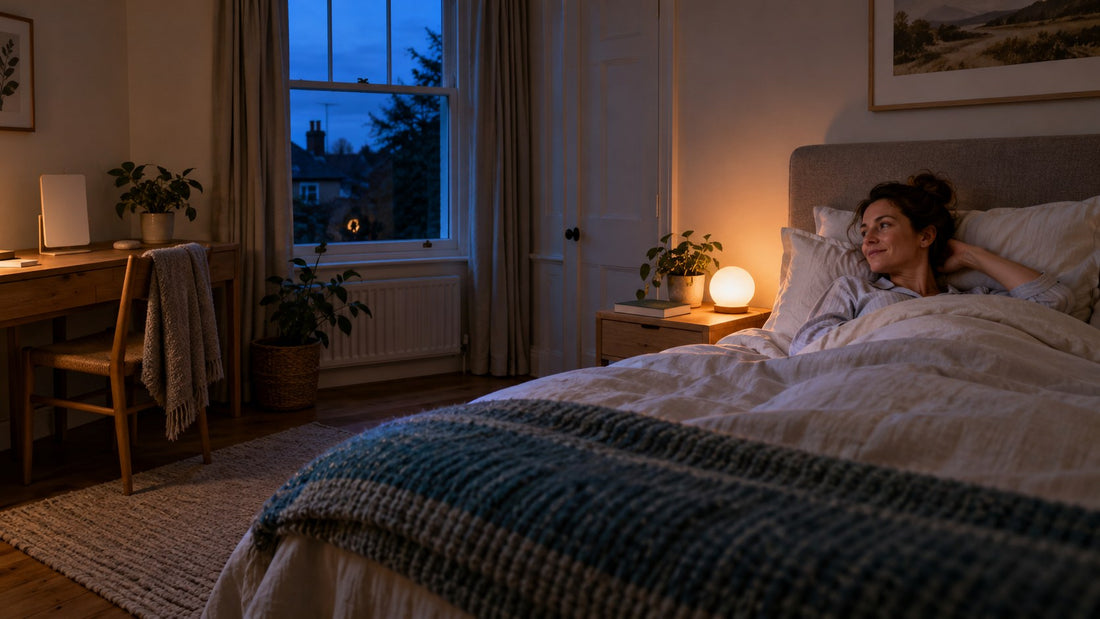 A sunrise alarm glowing beside a bed before dawn while an unlit rectangular light box sits on a desk
